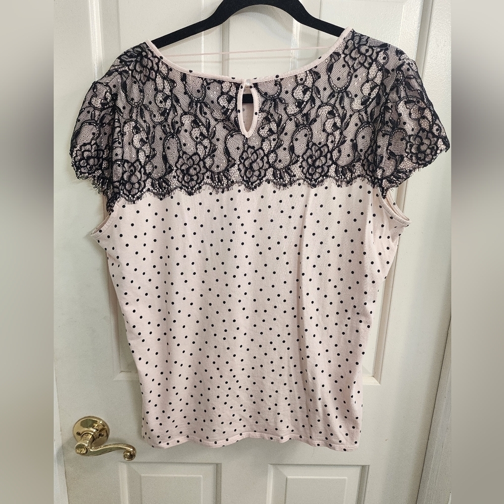 Elle Brand Womens Top Light Pink With Black Polka Dots/lace Size XL - Picture 3 of 3